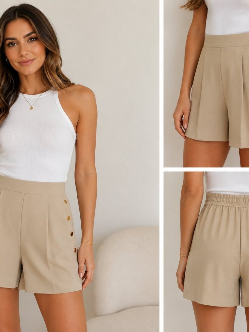 Ellen Tracy Women's M Beige Pleated Wide Leg Shorts Gold Button Detail